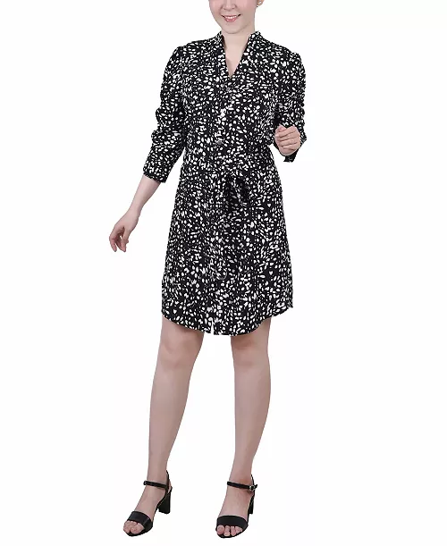 petite 3/4 rouched sleeve dress with belt