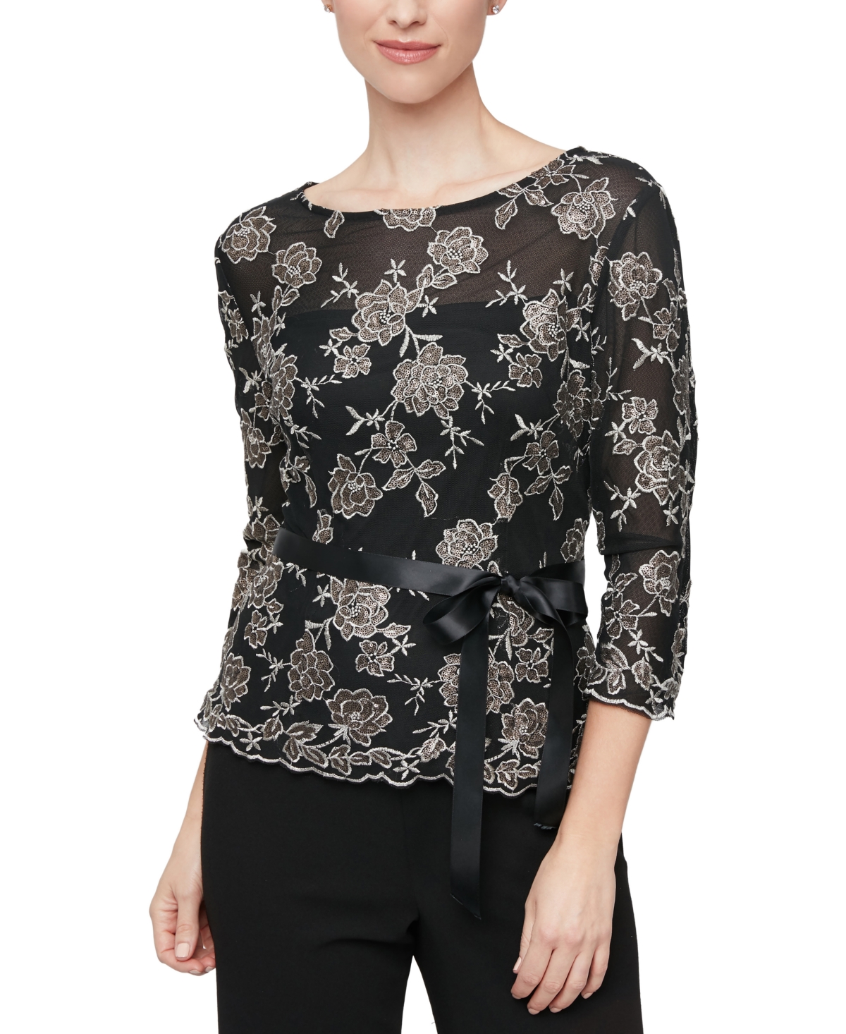 Alex Evenings Petite Embroidered Belted 3/4-sleeve Blouse In Black Gold