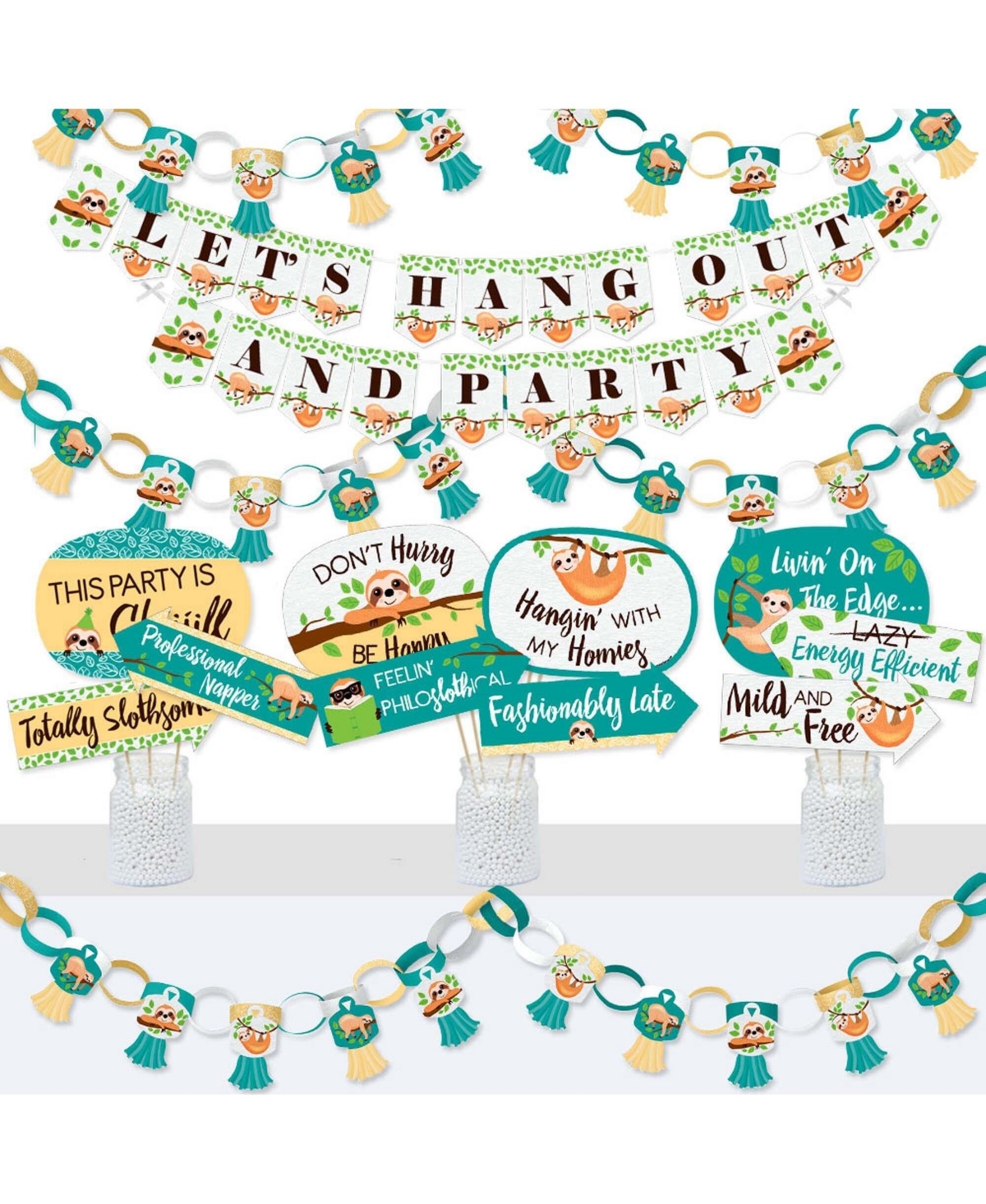 Big Dot of Happiness Lets Hang - Sloth - Banner and Photo Booth Decorations - Baby Shower or Birthday Party Supplies Kit - Doterrific Bundle
