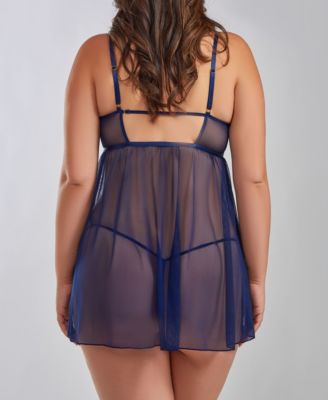 Lana Plus Size Underwire Soft Lace and Mesh Babydoll Lingerie Set, 2 Piece