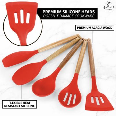 5 Piece Silicone Utensils Set with Authentic Acacia Wood Handles