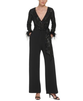 Eliza J Petite V Neck Faux Feather Cuff Combo Jumpsuit Macy s