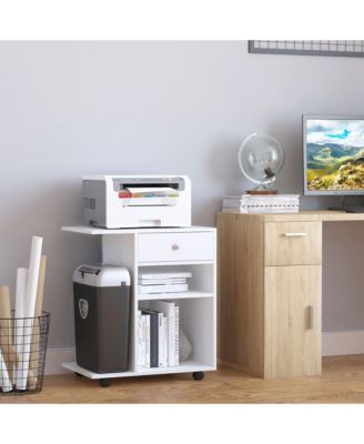 Wood Side Table Storage Organizer with Drawer CPU Stand & Wheels White