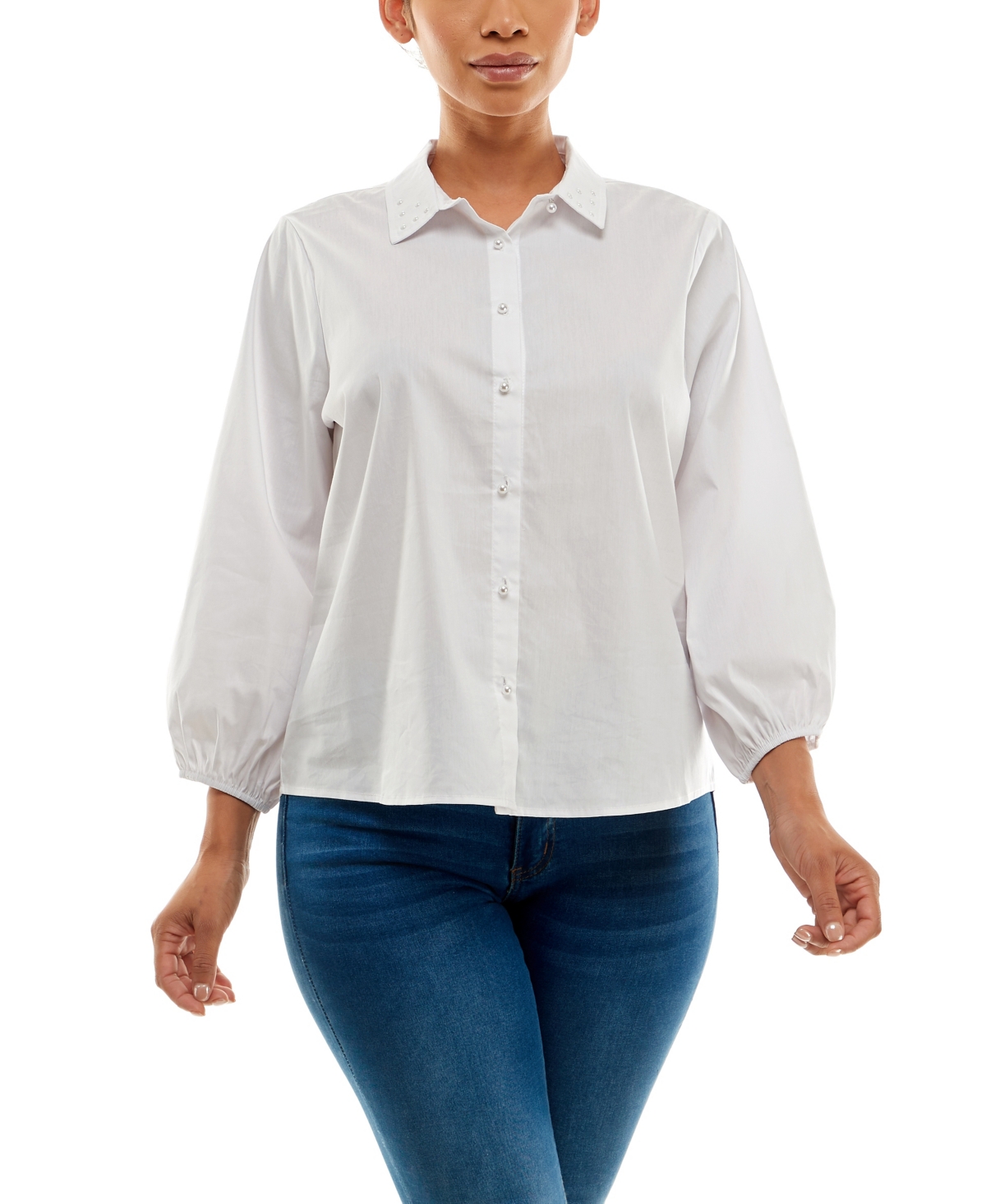Adrienne Vittadini Women's 3/4 Puff Sleeve Button Front Blouse With Imitation Pearl Collar In Bright White