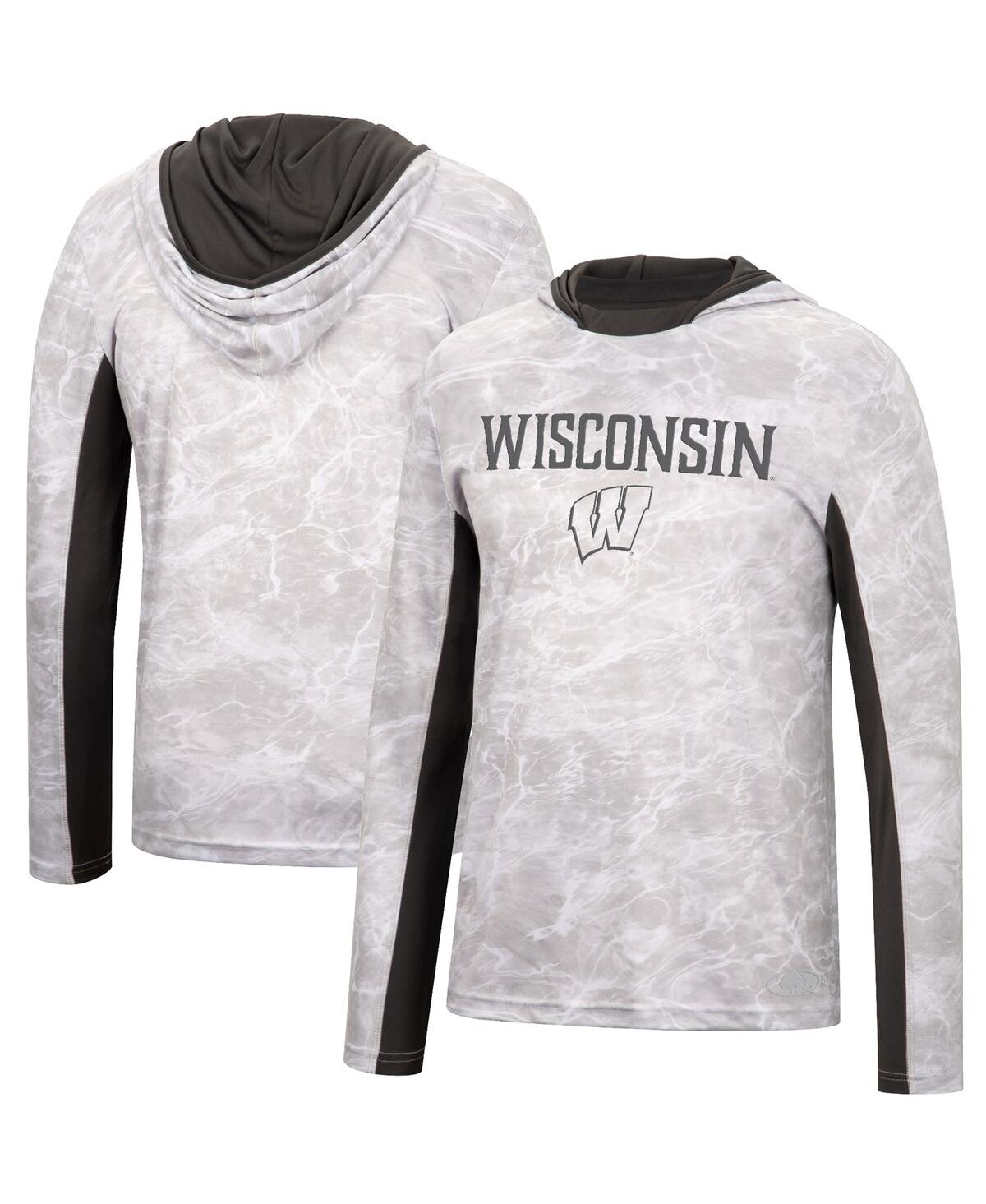 Colosseum Men's  White Wisconsin Badgers Mossy Oak Spf 50 Performance Long Sleeve Hoodie T-shirt