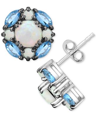 Macy's - Lab-Grown Opal (1-1/2 ct. t.w.) & Swiss Blue Topaz (1-1/8 ct. t.w.) Cluster Stud Earrings in Sterling Silver