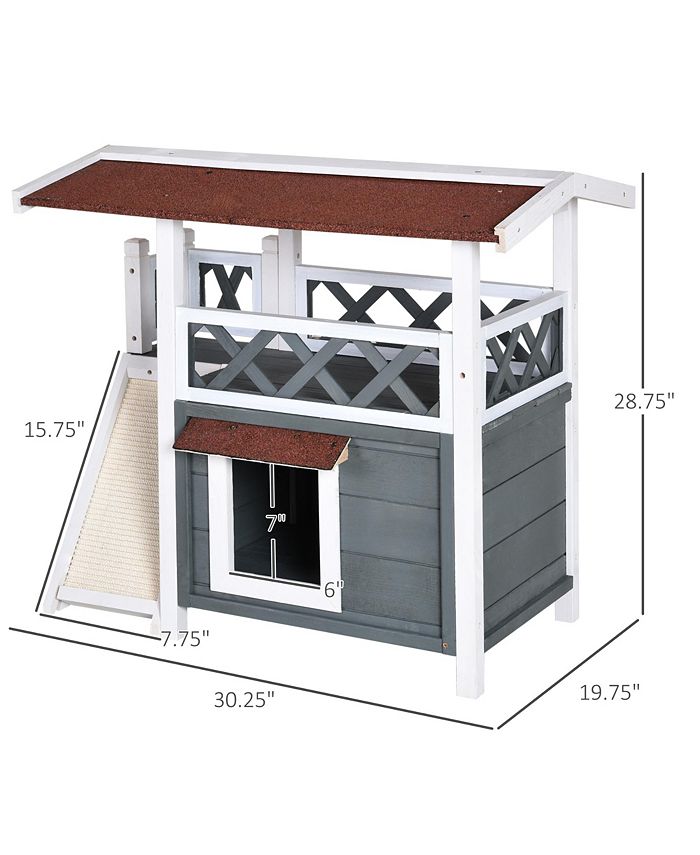 PawHut Outdoor Cat House Wood Shelter with Condo Sisal Ramp Outdoor ...