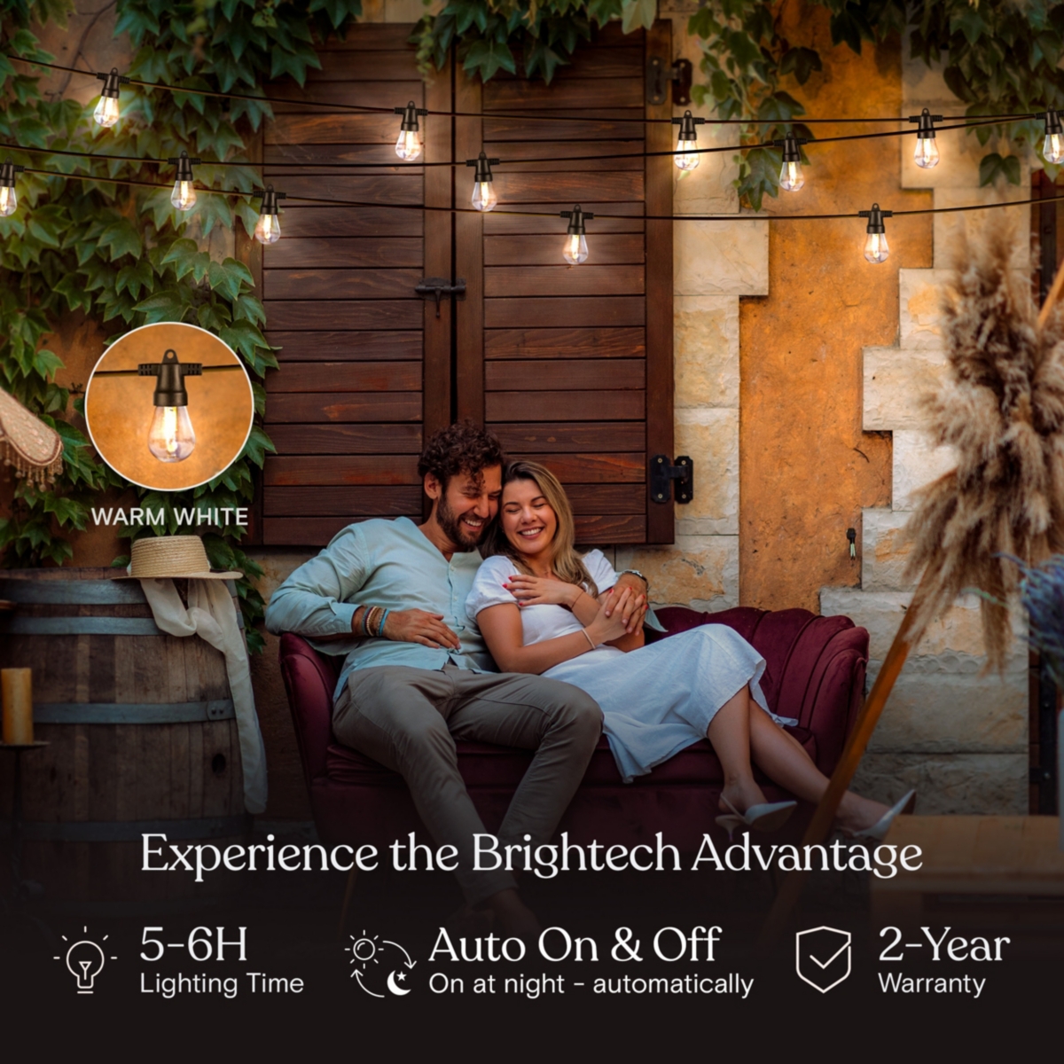 Brightech Ambience Pro 27 ft. Outdoor Solar Led 1-Watt String Lights with Warm White Hue