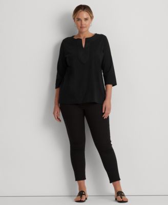Women's Plus Size Split-Neck Three-Quarter Sleeve Cotton Tunic