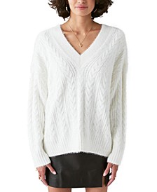 Women's Cable-Knit V-Neck Eyelash Sweater