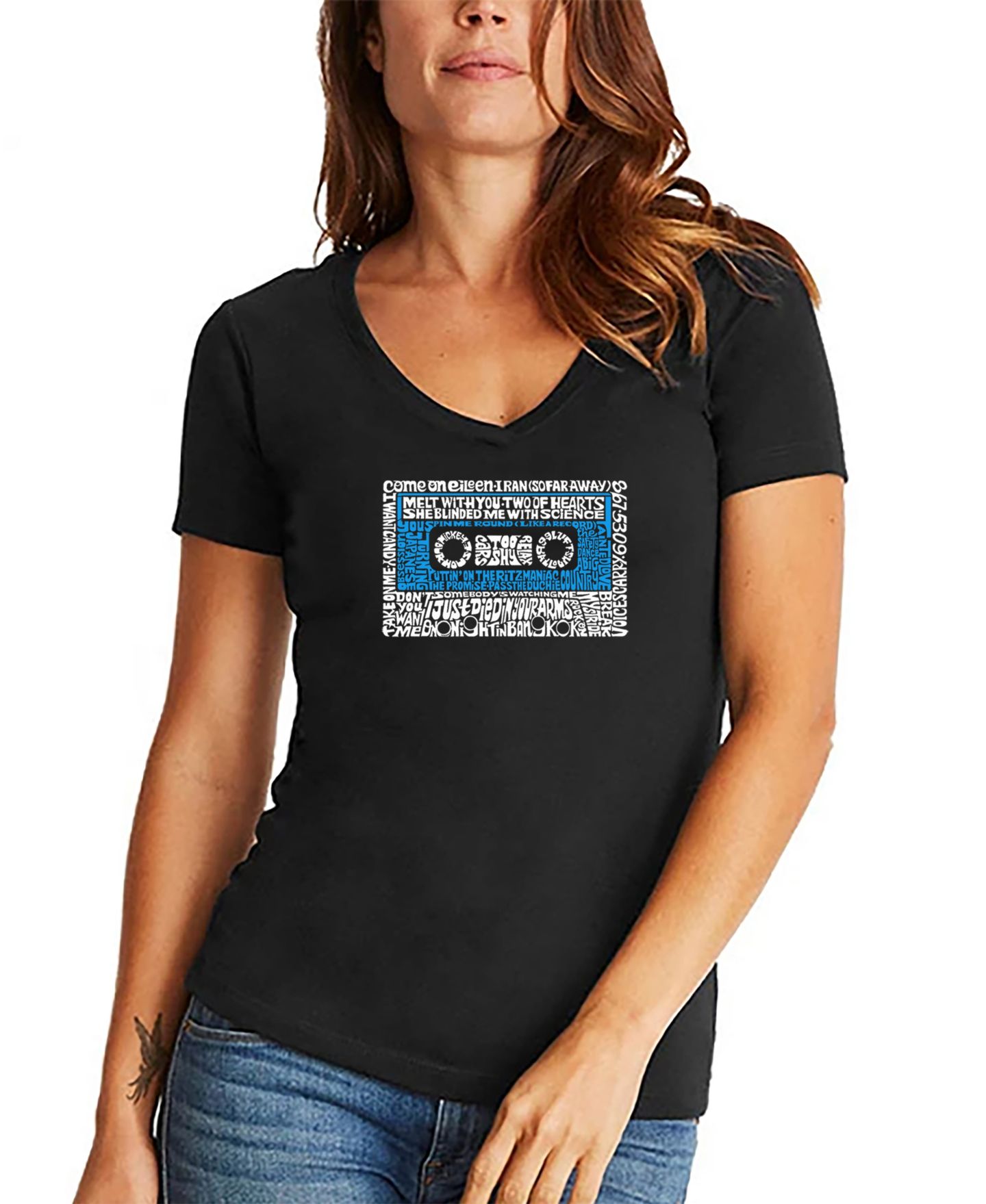 Женская футболка LA Pop Art 80s One Hit Wonders Word Art V-neck, цвет: Чёрный — фото 1