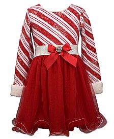 Little Girls Long Sleeve Foiled Candy Cane Stripe Dress