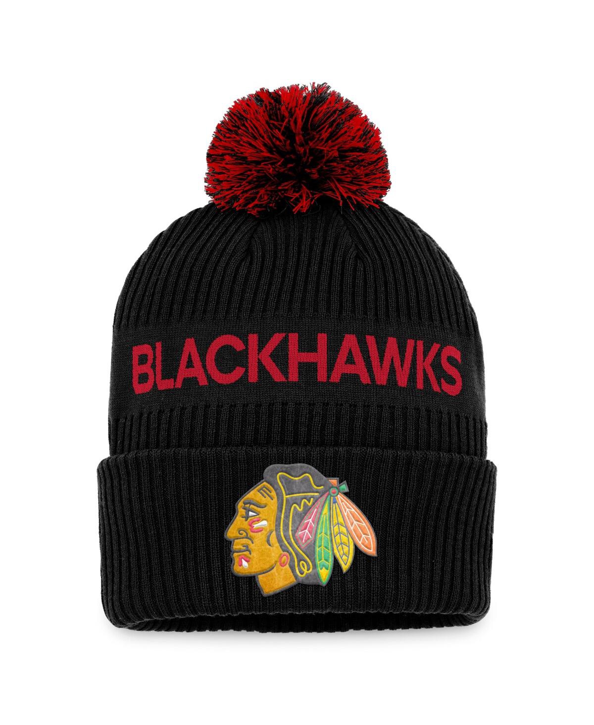 Fanatics Men's  Black, Red Chicago Blackhawks 2022 Nhl Draft Authentic Pro Cuffed Knit Hat With Pom In Black,red