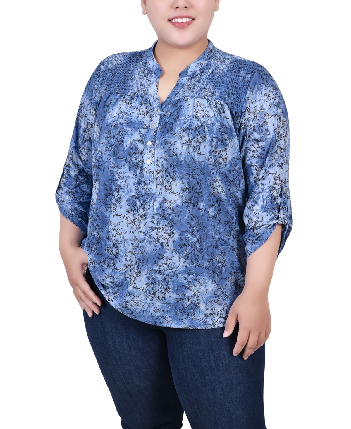 Plus Size 3/4 Roll Tab Sleeve Smocked-Yoke Top - Etch Dark Blue