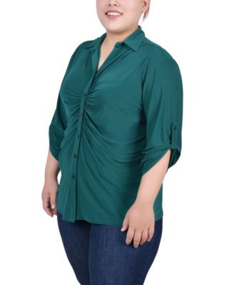 Plus Size 3/4 Roll Tab Rouched-Front Top