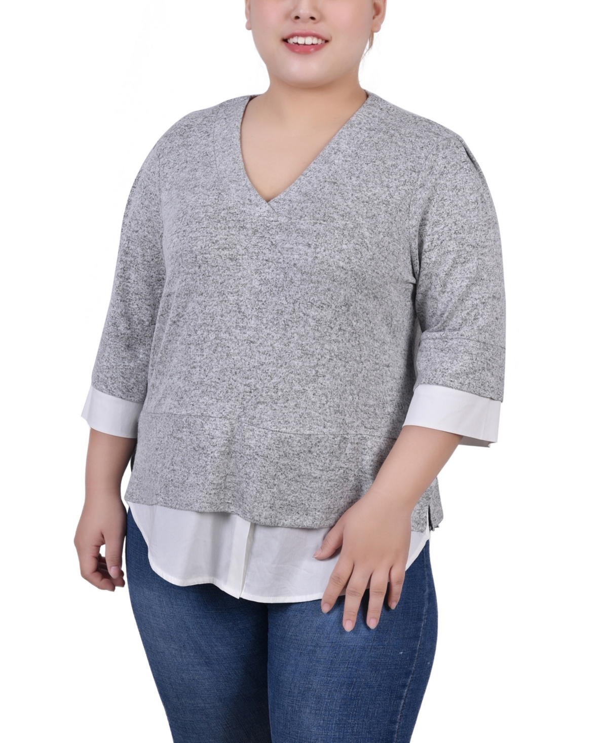 Ny Collection Plus Size Long Sleeve 2-in 1 Top In Heather Gray White