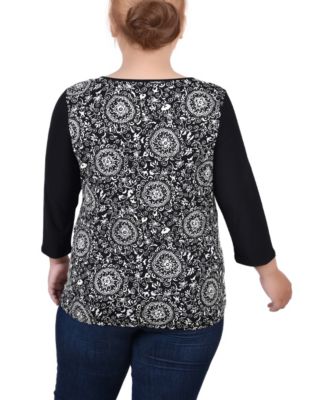 Plus Size 3/4 Sleeve Puff Print Cutout Top