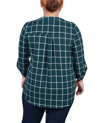 Plus Size 3/4 Sleeve Mandarin Collar Blouse with Front Pleats