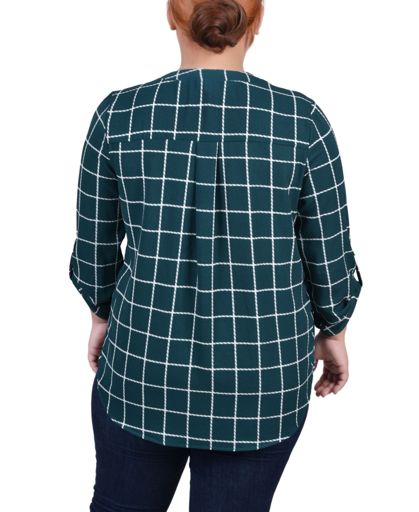 Женская блузка NY Collection Plus Size 3/4 Sleeve Mandarin Collar with Front Pleats, цвет: Зелёный с принтом — фото 2