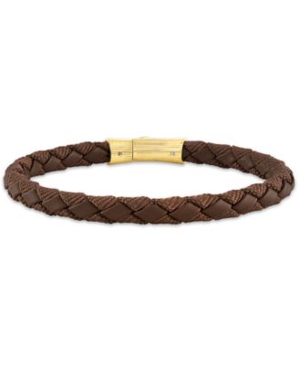 Black Leather Woven Bracelet in Sterling Silver (Also in Brown Leather & Blue Leather), Created for Macy's
