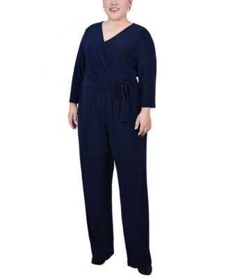 NY Collection Plus Size 3 4 Sleeve Belted Jumpsuit Macy s