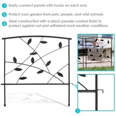 Modern Leaves and Vines 10-Foot 5-Piece Steel Decorative Garden Fence Panels - 26" W x 32" H Per Panel - Black