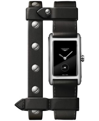 Longines - Women's Swiss DolceVita Black Double Leather Strap Watch 23x37mm