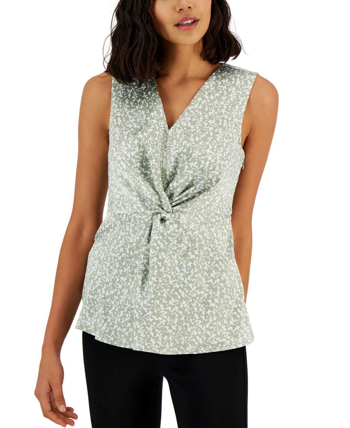 Alfani Women's V-neck Satin Twist-front Sleeveless Top, Created For Macy's In Soft Green Geo