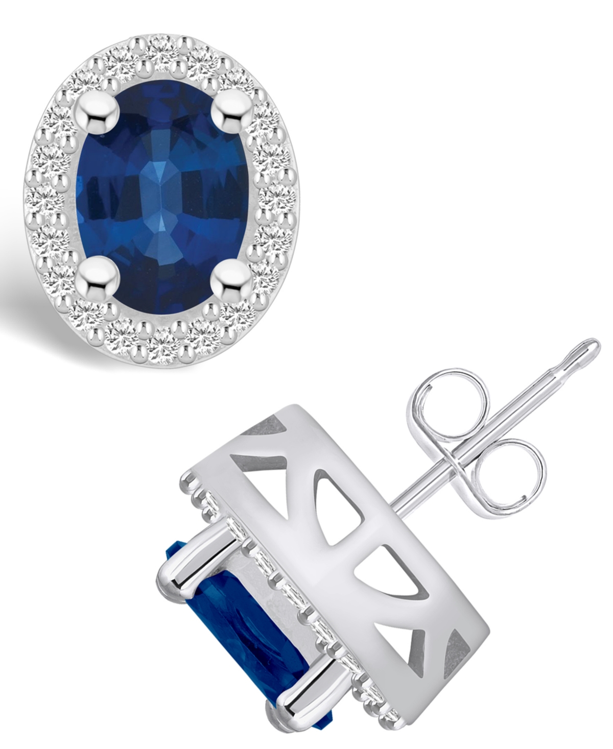 Macy's Sapphire (3 Ct. T.w.) And Diamond (3/8 Ct. T.w.) Halo Stud Earrings In White Gold