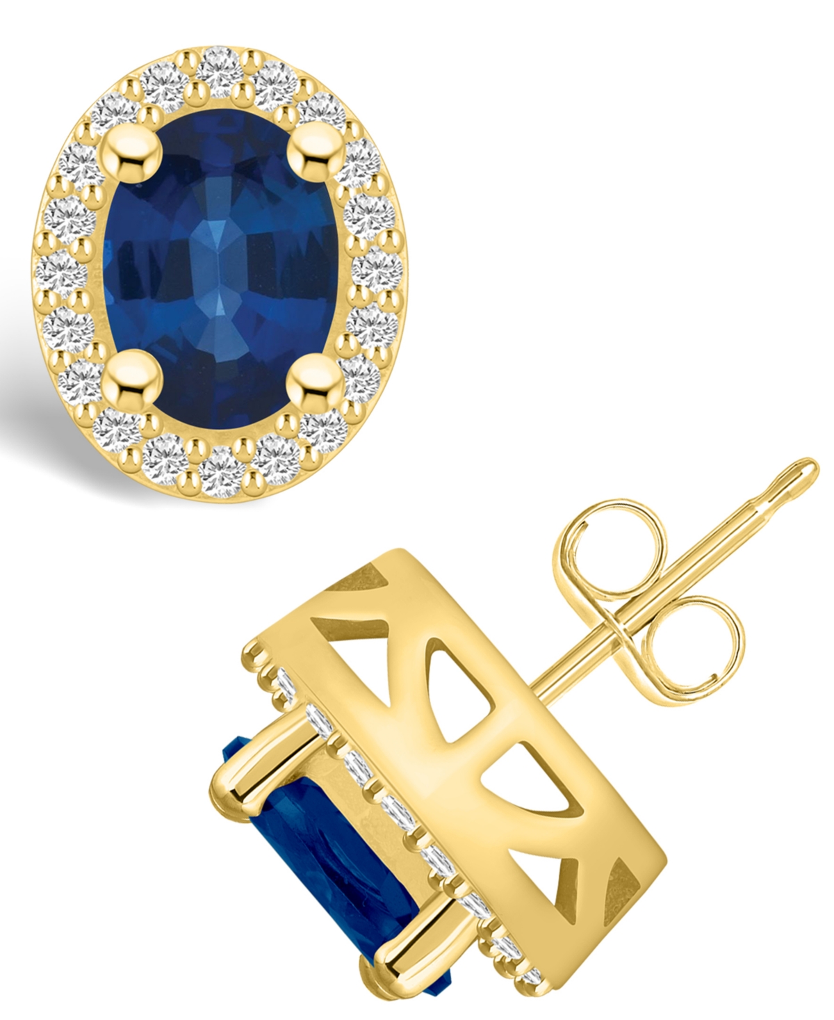 Macy's Sapphire (3 Ct. T.w.) And Diamond (3/8 Ct. T.w.) Halo Stud Earrings In Gold