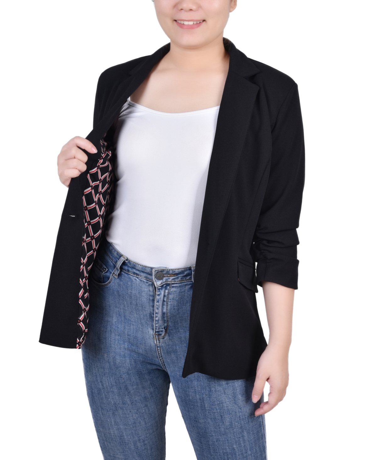 Ny Collection Women's 3/4 Rouched Sleeve Crepe Jacket - Black - Black Red Chain