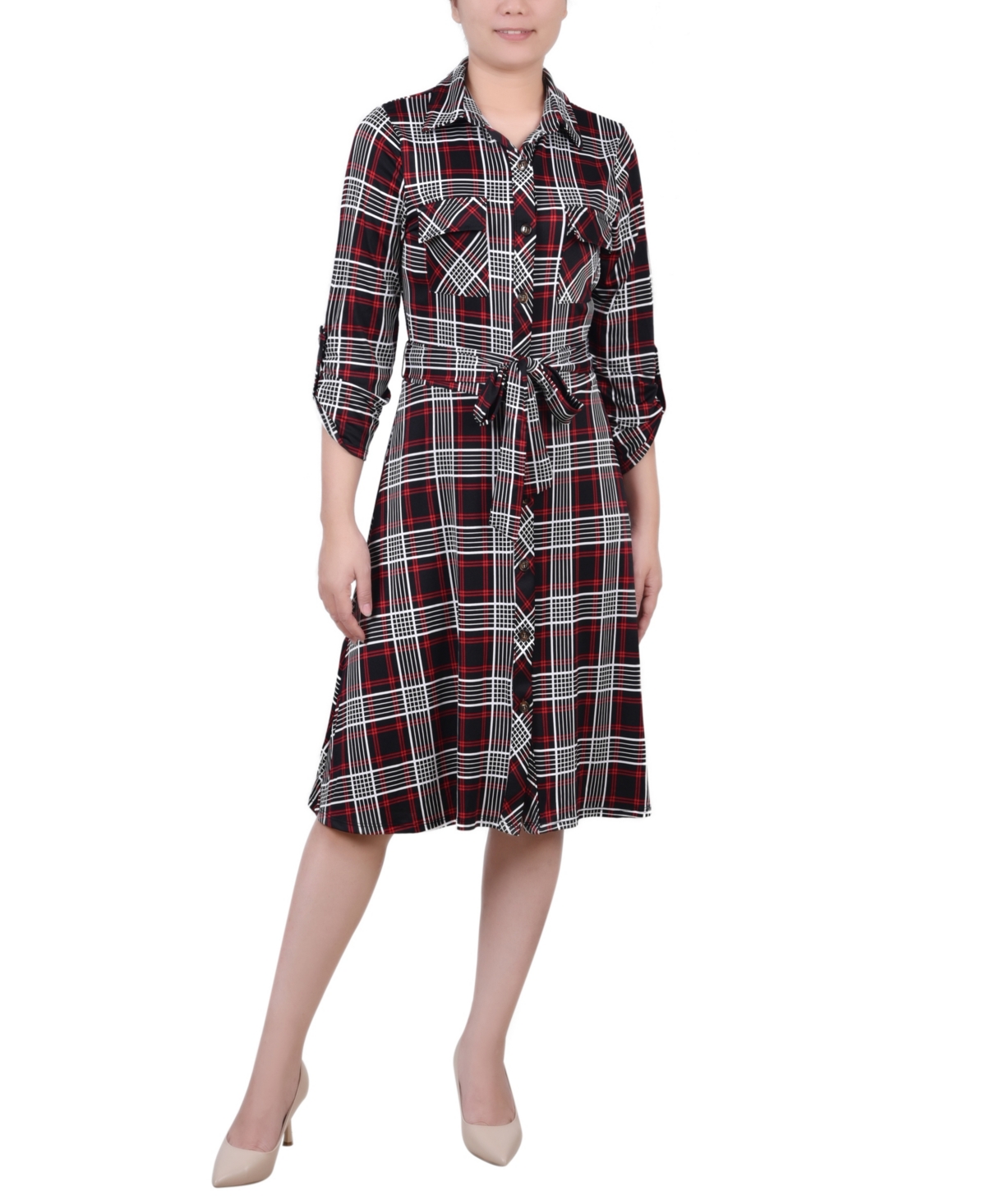 Shop Ny Collection Women's 3/4 Sleeve Roll Tab Shirt Dress In Nancy Plaid