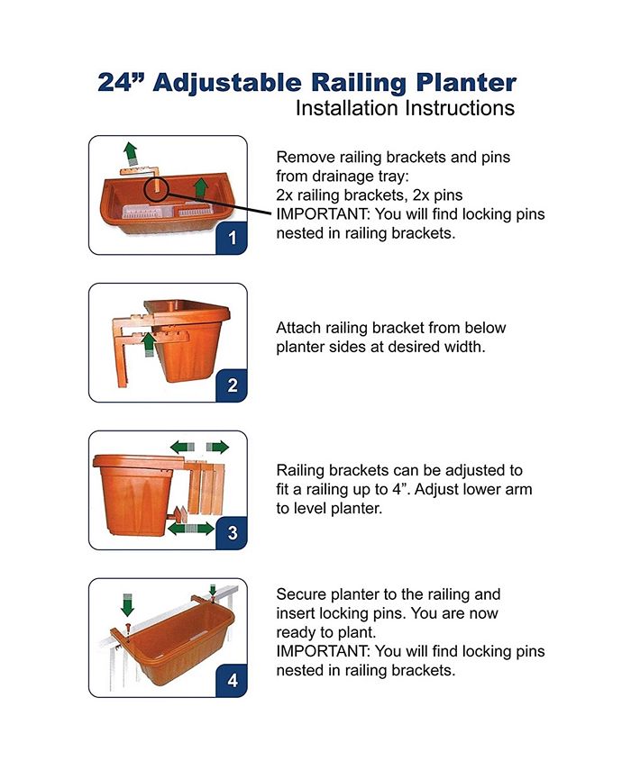 Apollo Adjustable Railing Plastic Planter Flower Pot Terra Cotta 24