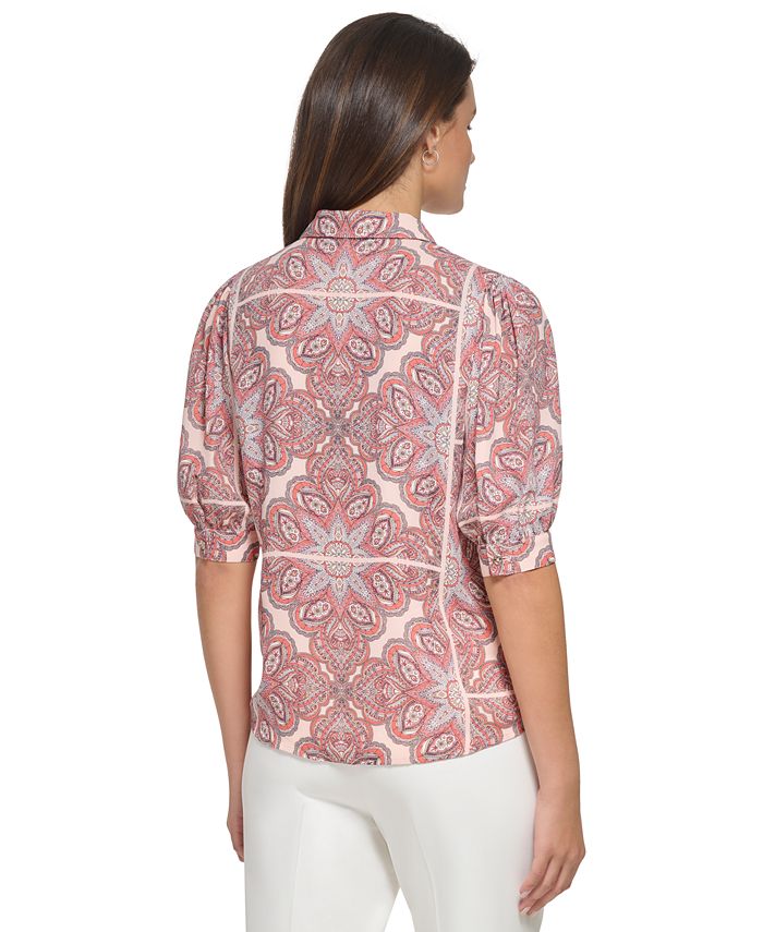 Brick + Magenta Floral Puff Sleeve Button Up