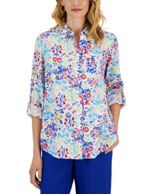 売れ筋商品|||チャータークラブ カットソー トップス レディース Petite 100% Linen Printed Button-Front Shirt, Exclusively at Macy's Coral Flas 23247413_fpx.tif?$filterlrg$&