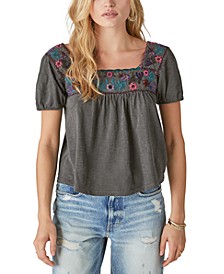 Cotton Embroidered Smocked Peasant Top 