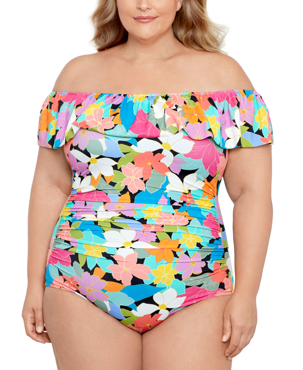 Swim Solutions Plus Size Tummy Control Off-the-shoulder Ruffled Swimsuit, Created For Macy's In Floral Frenzy