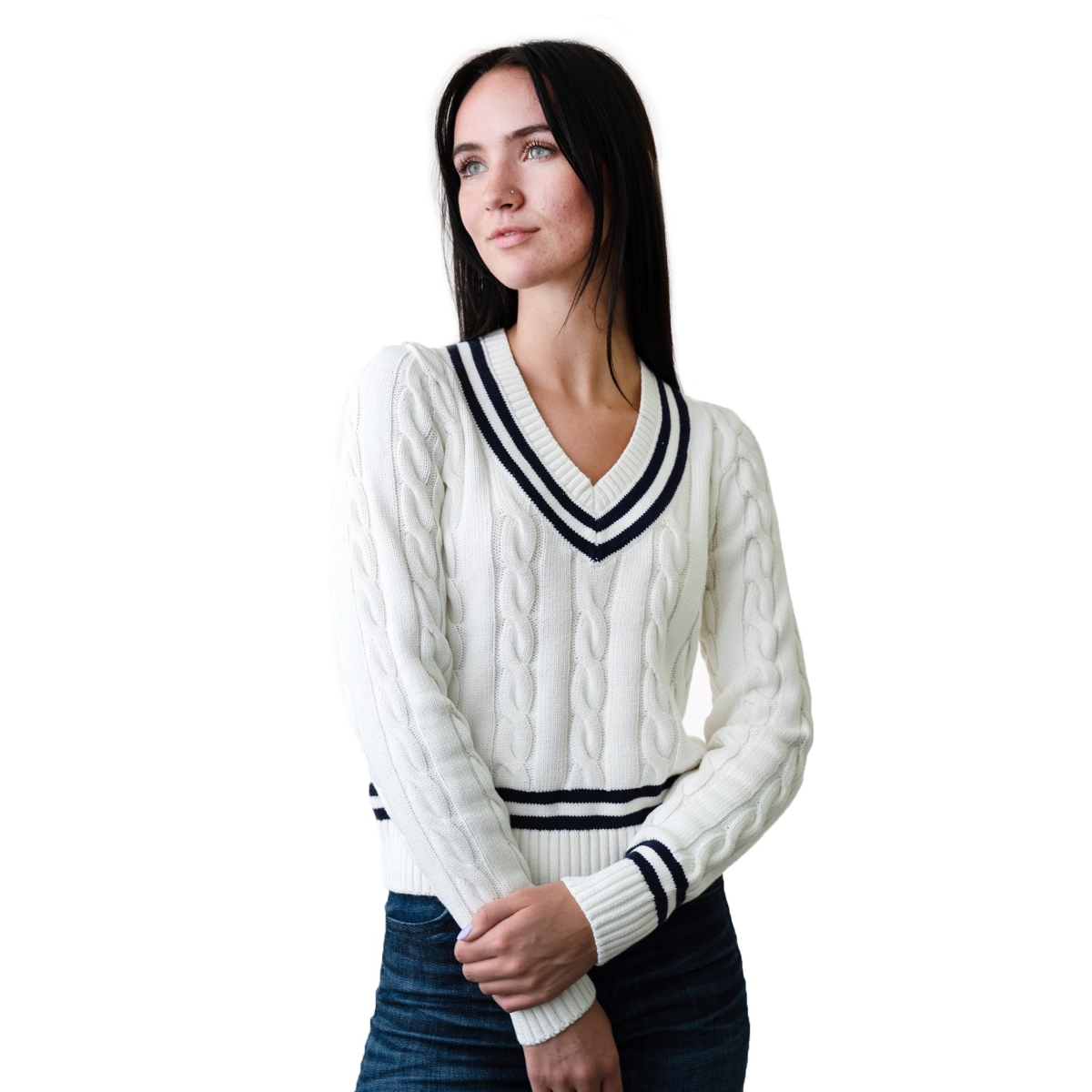 Womens' Organic Cotton V-Neck Cricket Sweater - White