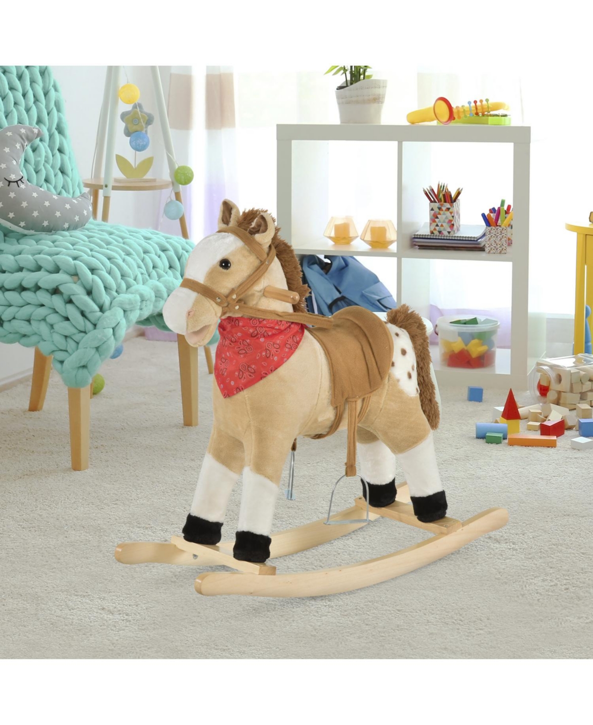 Qaba Indoor Rocker Animal Horse Kids Chair Toy for 3-6 Years, Brown -Khak