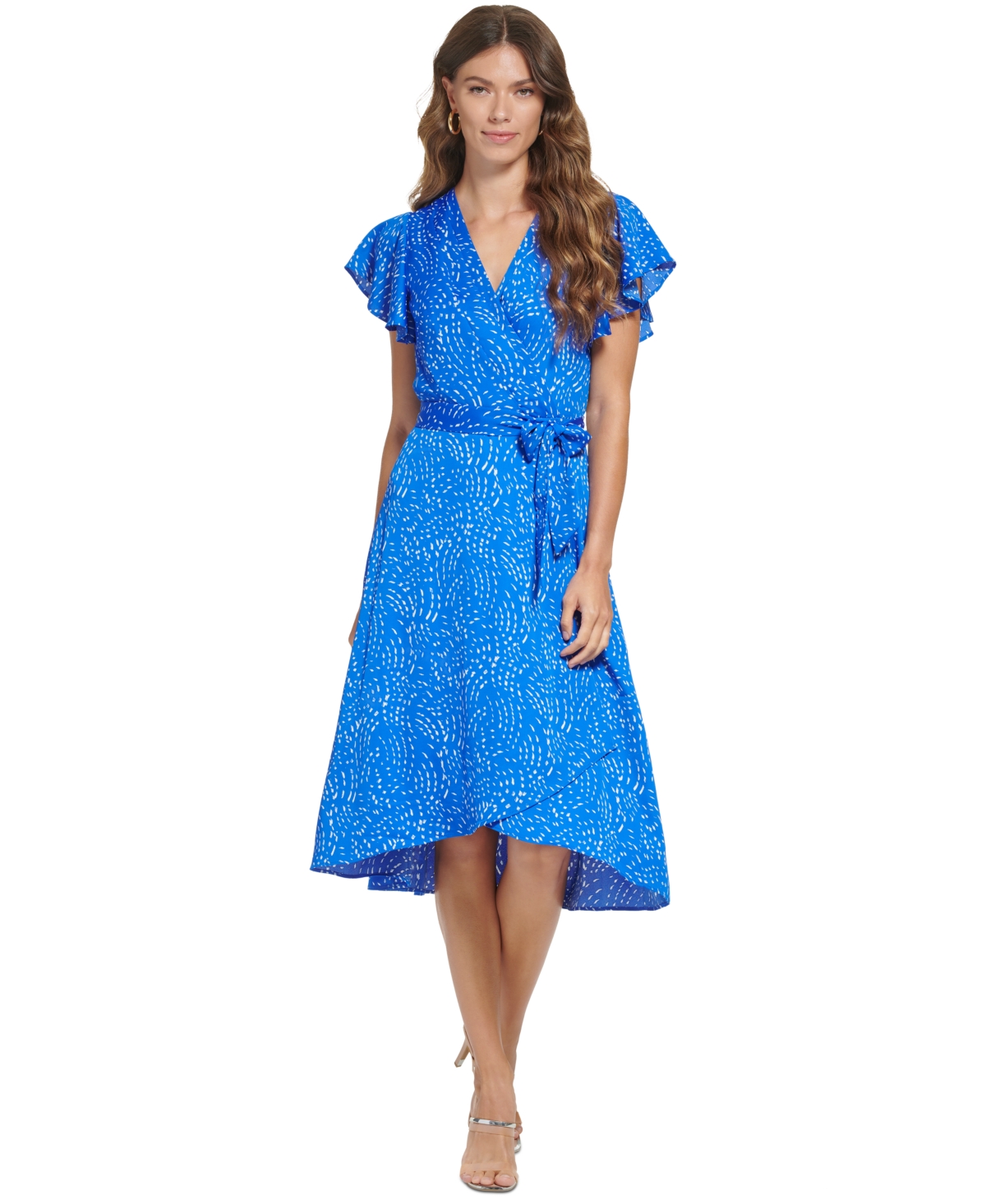 Dkny Women's Printed Flutter-sleeve Faux-wrap Dress In Cobalt/white |  ModeSens