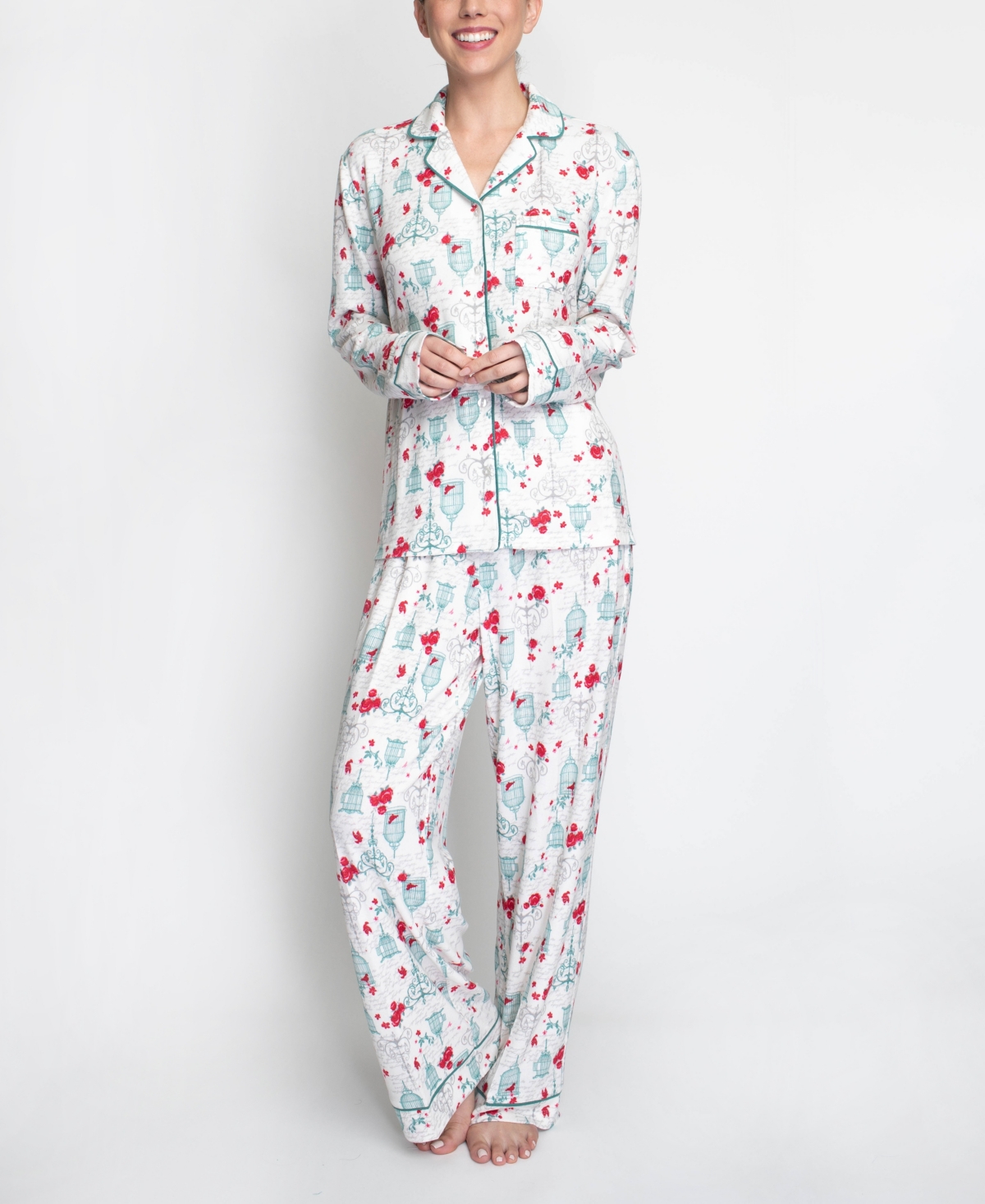 Plus Size Butter Knit Holiday Cardinal Pajama Set, 2 Piece - White