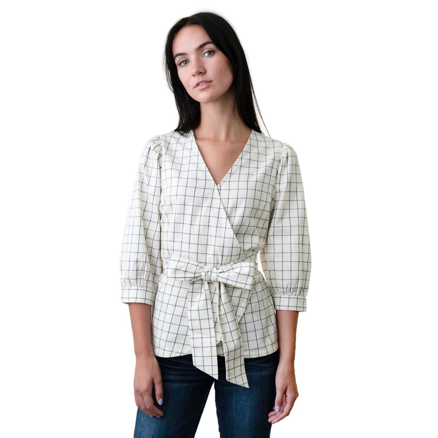 Женский топ Hope & Henry Puff Sleeve Wrap, цвет: Молочный / Тёмно-синий — фото 1