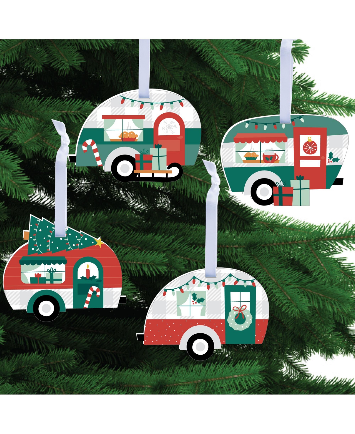 Camper Christmas Red & Green Holiday Decorations Christmas Tree Ornaments 12 Ct