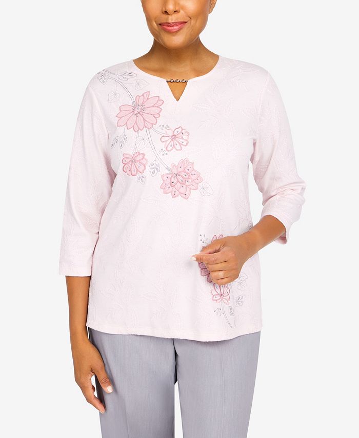 Alfred Dunner Floral Embroidered Stripe Top with Necklace- Petite