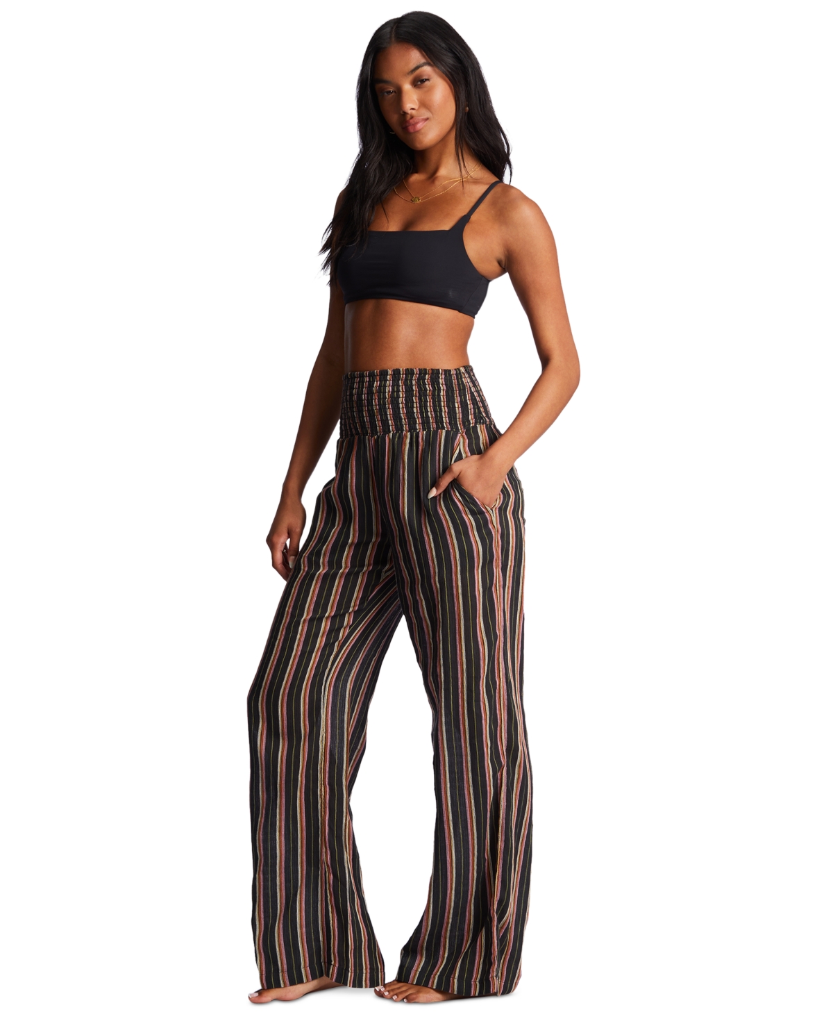 Billabong Juniors' New Wave Striped Wide-Leg Pants - Off Black 3