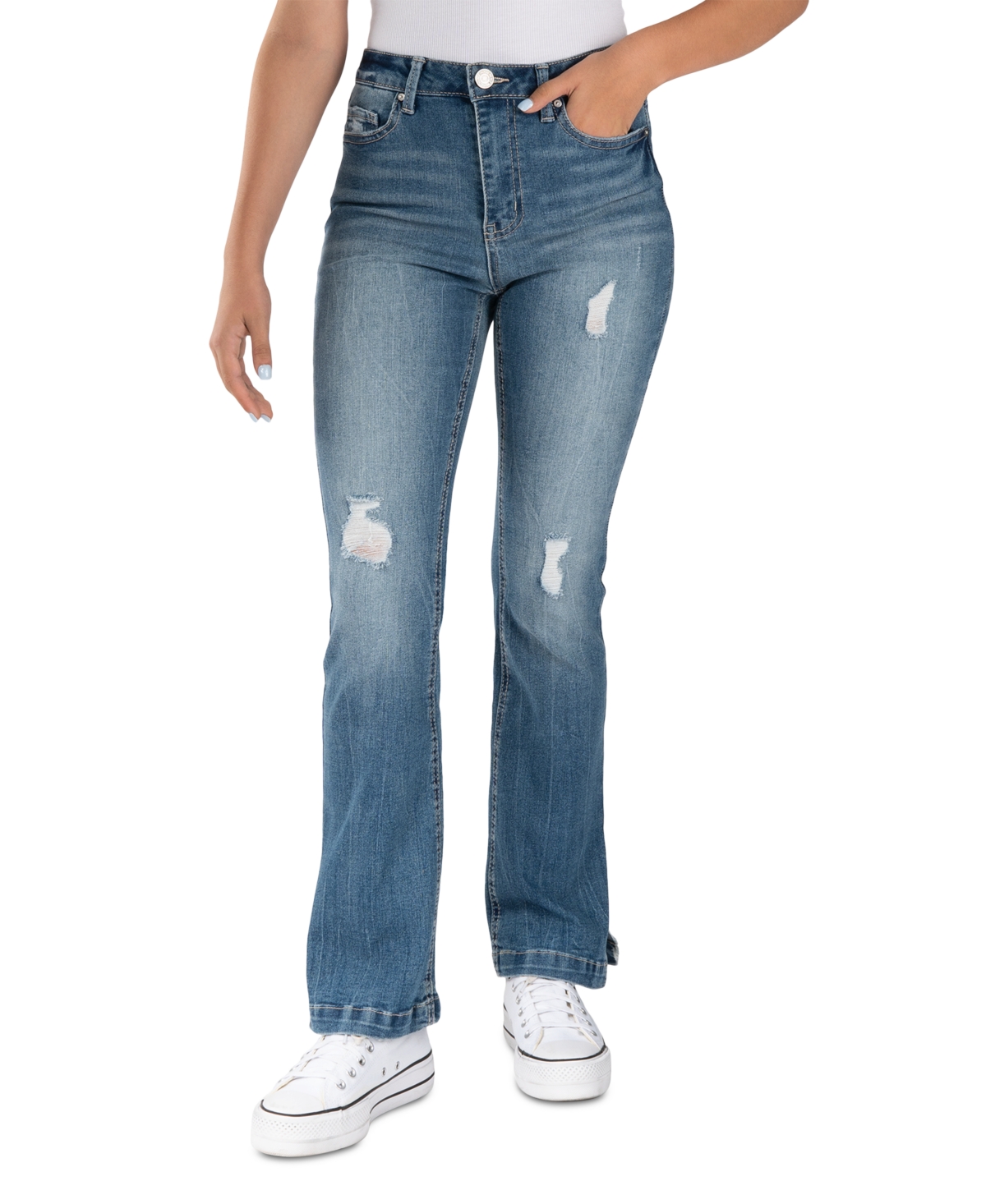 Indigo Rein Juniors' Distressed Side-Slit Bootcut Jeans