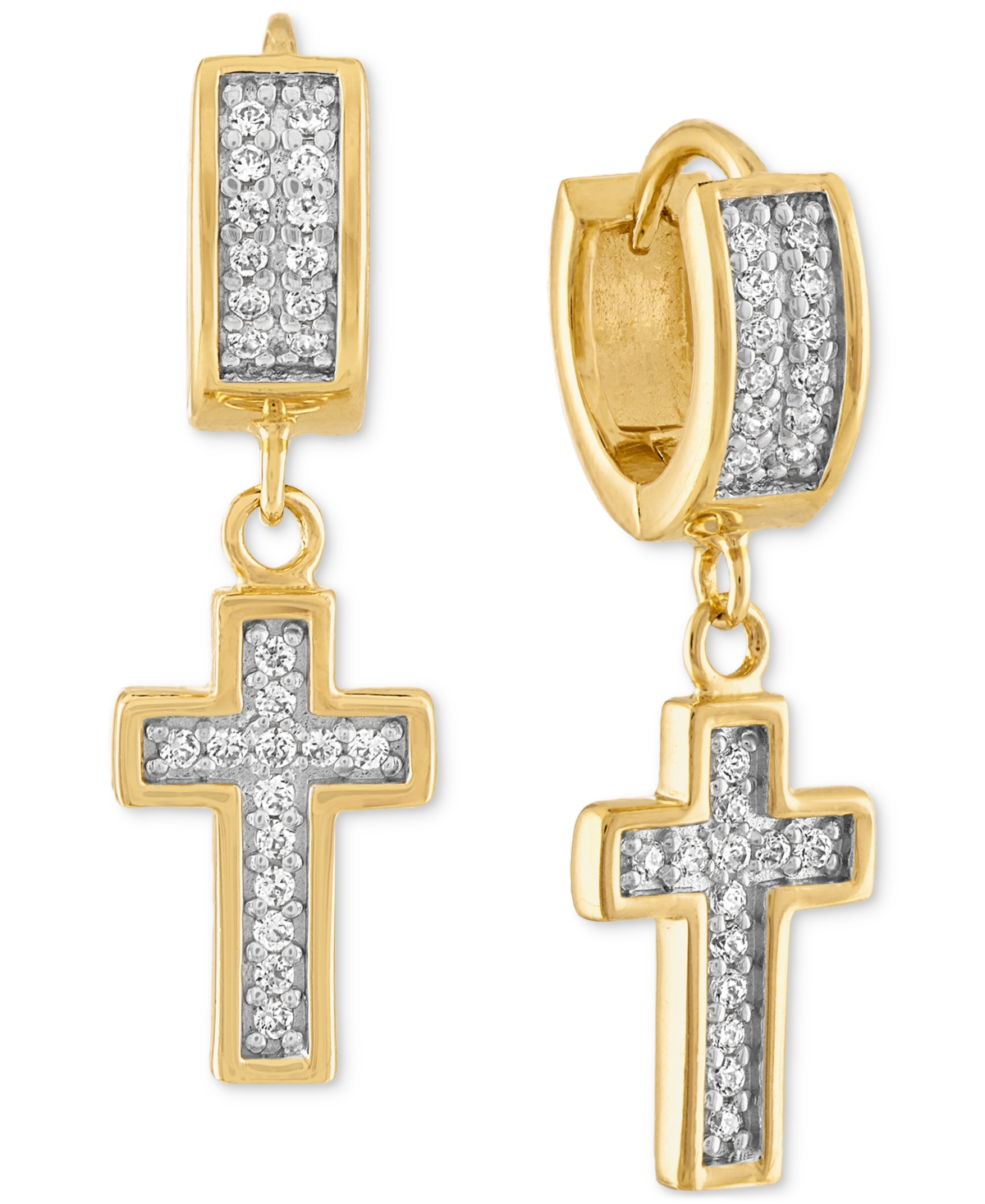 Esquire Men's Jewelry Cubic Zirconia Cross Dangle Huggie Hoop Earrings In 14k Gold-plated Sterling Silver, Created For Mac In Gold Over Silver