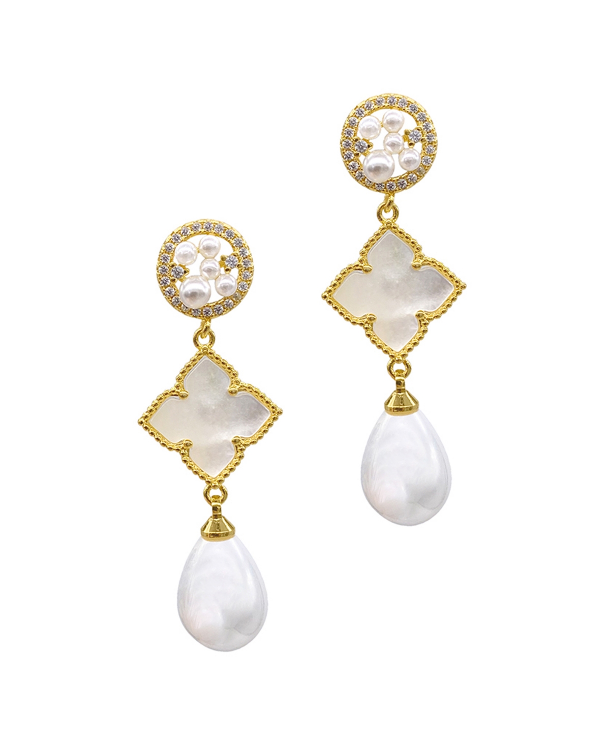 14K Gold-Tone Plated Mother of Pearl Flower, Cultivated Freshwater Pearl Drop and Dangle Earrings - White