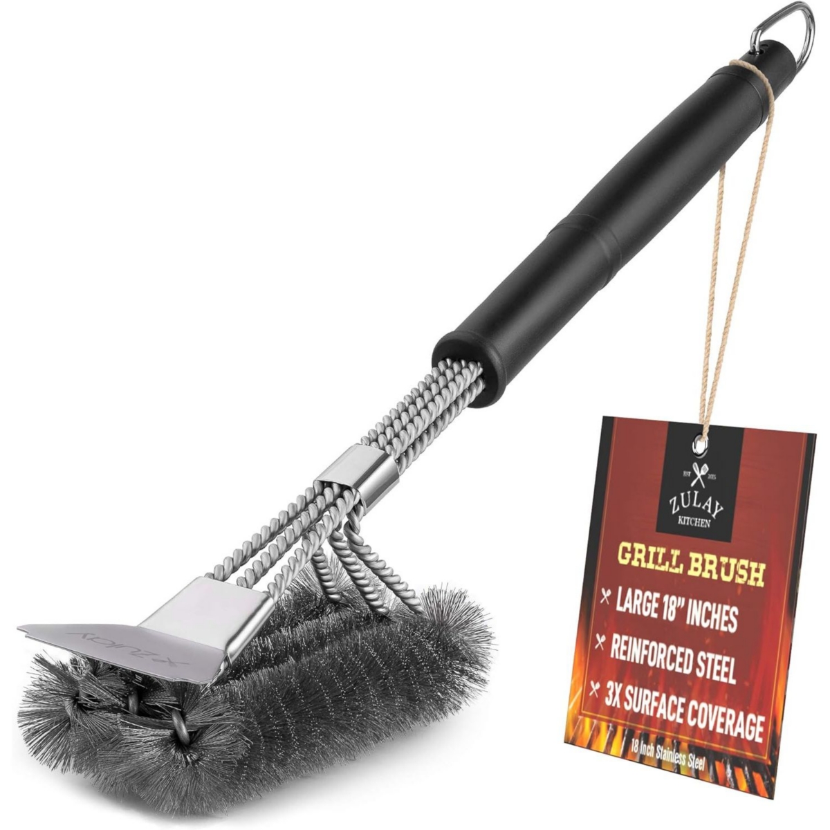 Large Heat Boss Grill Brush and Grill Scraper With Non-Slip Handle - Black