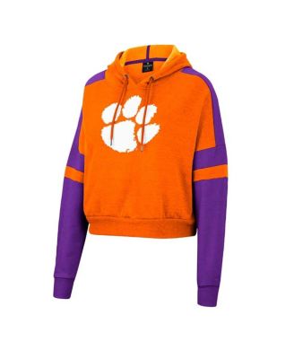 Women's Orange Clemson Tigers Throwback Stripe Arch Logo Cropped Pullover Hoodie